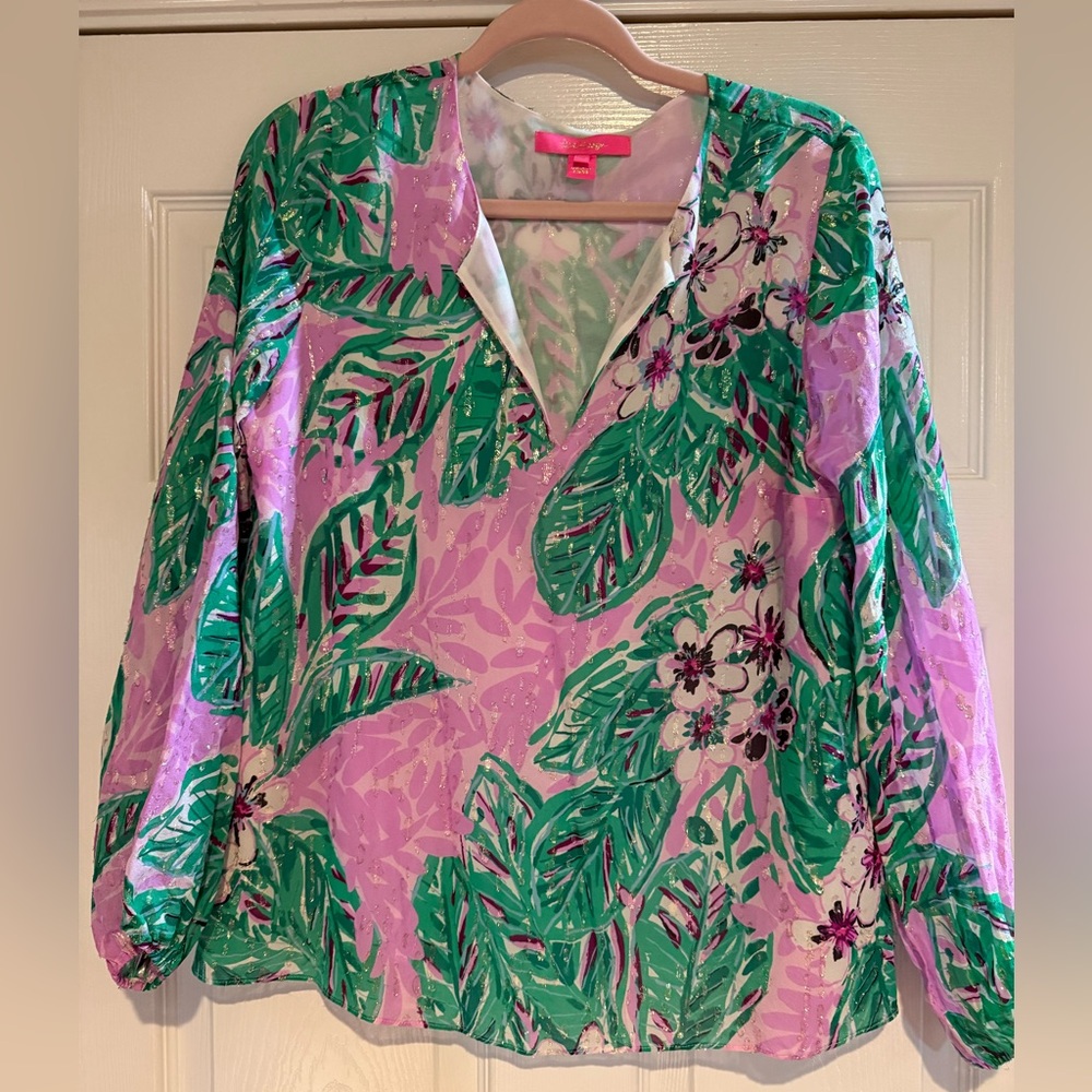 Lilly Pulitzer Aaron Silk Top Medium Magnolia Lilac Leidees night Metallic M